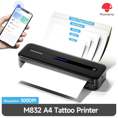 Phomemo M832 Portable Printer Bluetooth Thermal Tattoo Printer Inkless Support 50/80/110/Letter/A4/A5 Thermal Paper for Mobile