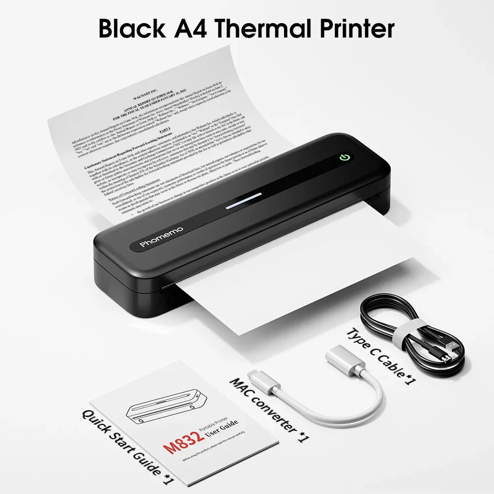 Phomemo M832 Portable Printer Bluetooth Thermal Tattoo Printer Inkless Support 50/80/110/Letter/A4/A5 Thermal Paper for Mobile